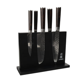 Shinrai Knives - Hammered Damask BR 5-Piece Knife Set + Magnetic Knife Block Double-Sided - Black Shinrai Knives - Hammered Damask BR 5-Piece Knife Set + Magnetic Knife Block Double-Sided - Black