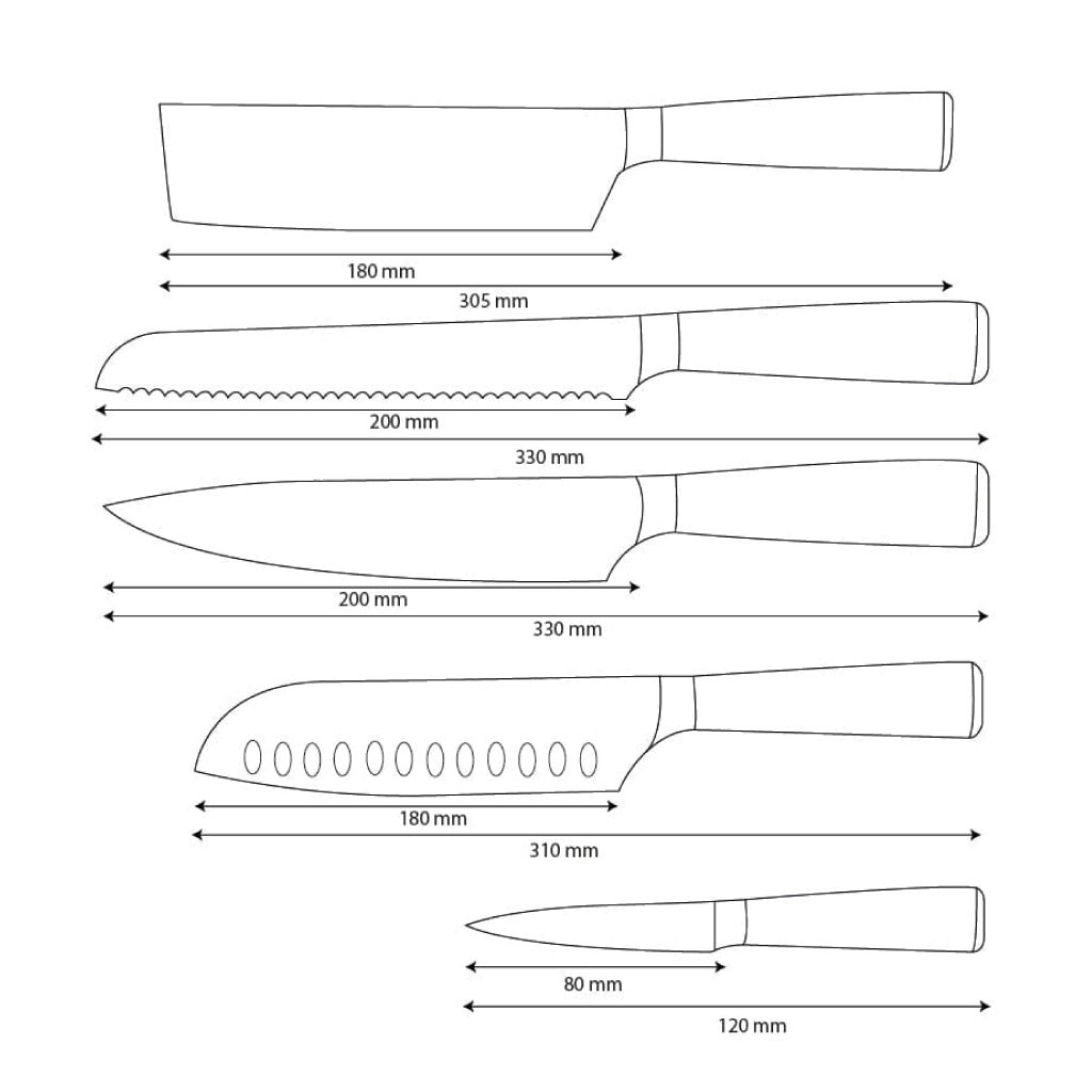 Shinrai Knives - Damascus Print 5-Piece Knife Set - Chef's Knife + Bread Knife + Nakiri + Santoku + Paring Knife
