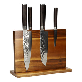 Hammered Damask BR 5-Piece Knife Set + Magnetic Knife Block Double Sided Hammered Damast BR 5-Delige Messenset + Magnetisch Messenblok Messenset met blok Shinrai Japan