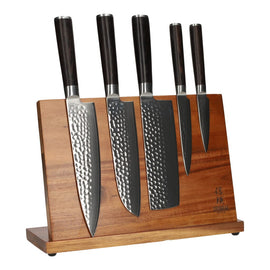 Hammered Damask BR 5-Piece Knife Set + Magnetic Knife Block Hammered Damast BR 5-Delige Messenset + Magnetisch Messenblok Messenset met blok Shinrai Japan