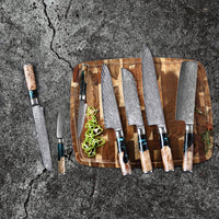 Shinrai Japan - Epoxy Onyx 6-delige Damascus Messenset + Magnetisch Messenblok Dubbelzijdig - Zwart Messenset met blok Shinrai Japan