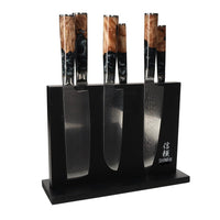 Shinrai Japan - Epoxy Onyx 6-delige Damascus Messenset + Magnetisch Messenblok Dubbelzijdig - Zwart Messenset met blok Shinrai Japan