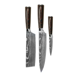 Couteaux Shinrai - Ensemble de 3 couteaux imprimés Damas - Couteau de chef + Nakiri + Couteau d'office Shinrai Knives - Damascus Print 3-delige Messenset - Koksmes + Nakiri + Schilmes Messenset Shinrai Knives