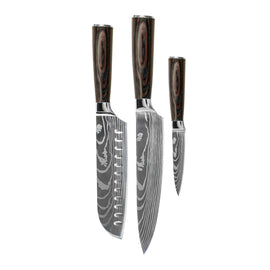 Couteaux Shinrai - Ensemble de 3 couteaux imprimés Damas - Couteau de chef + Santoku + Couteau d'office Shinrai Knives - Damascus Print 3-delige Messenset - Koksmes + Santoku + Schilmes Messenset Shinrai Knives