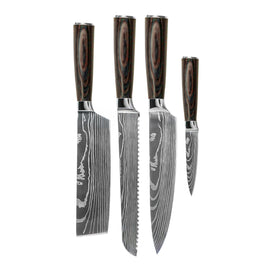 Couteaux Shinrai - Ensemble de 4 couteaux imprimés Damas - Couteau de chef, couteau à pain, couteau Nakiri et couteau d'office Shinrai Knives - Damascus Print 4-delige Messenset - Koksmes + Broodmes + Nakiri + Schilmes Messenset Shinrai Knives