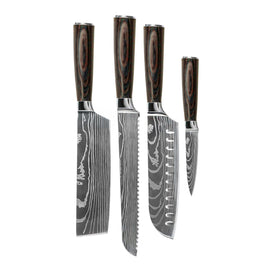 Couteaux Shinrai - Ensemble de 4 couteaux imprimés Damas - Santoku + Couteau à pain + Couteau Nakiri + Couteau d'office Shinrai Knives - Damascus Print 4-delige Messenset - Santoku + Broodmes + Nakiri + Schilmes Messenset Shinrai Knives