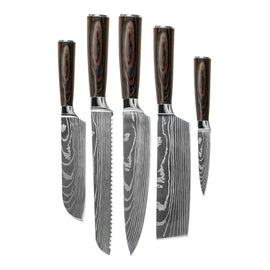 Couteaux Shinrai - Ensemble de 5 couteaux imprimés Damas - Couteau de chef + Couteau à pain + Nakiri + Petit Santoku + Couteau d'office Shinrai Knives - Damascus Print 5-delige Messenset - Koksmes + Broodmes + Nakiri + Kleine Santoku + Schilmes Messenset Shinrai Knives