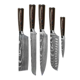 Couteaux Shinrai - Ensemble de couteaux 5 pièces imprimé Damas - Couteau de chef + Couteau à pain + Nakiri + Santoku + Couteau d'office Shinrai Knives - Damascus Print 5-delige Messenset - Koksmes + Broodmes + Nakiri + Santoku + Schilmes Messenset Shinrai Knives