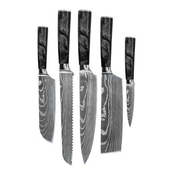 Shinrai Knives - Damascus Print Epoxy Onyx 5-delige Messenset - Koksmes + Broodmes + Nakiri + Kleine Santoku + Schilmes Messenset Shinrai Knives