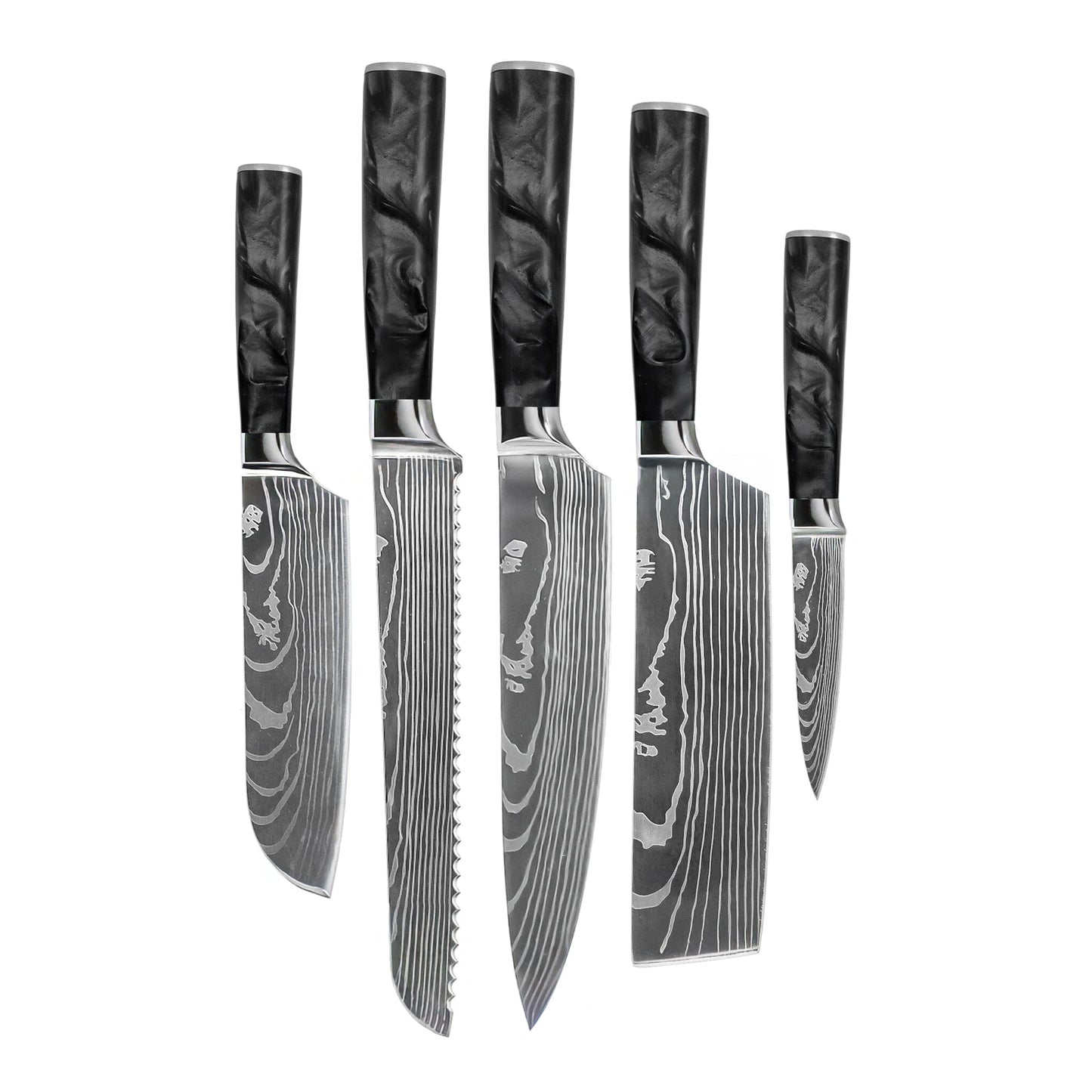 Shinrai Knives - Damascus Print Epoxy Onyx 5-delige Messenset - Koksmes + Broodmes + Nakiri + Kleine Santoku + Schilmes Messenset Shinrai Knives