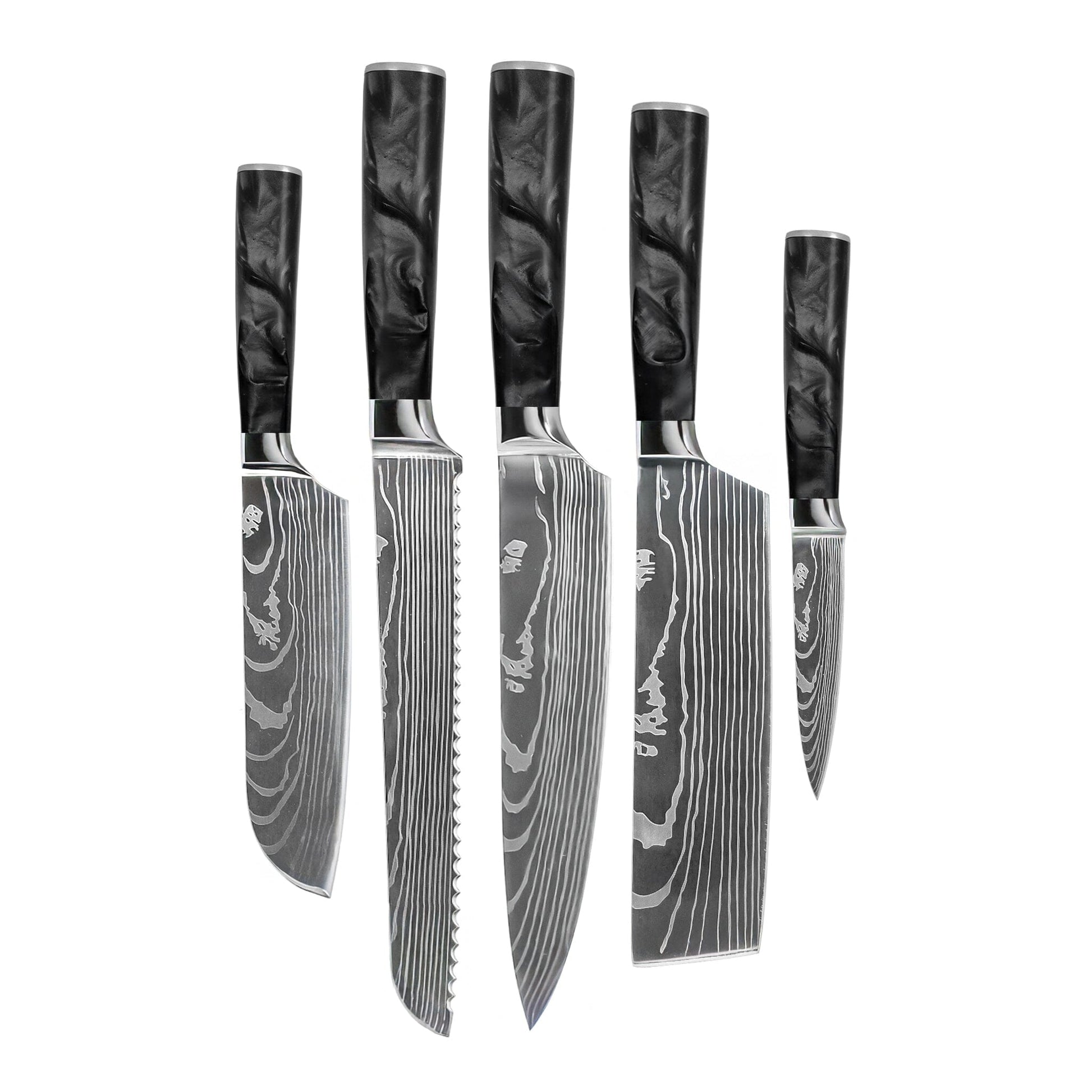 Shinrai Knives - Damascus Print Epoxy Onyx 5-delige Messenset - Koksmes + Broodmes + Nakiri + Kleine Santoku + Schilmes Messenset Shinrai Knives