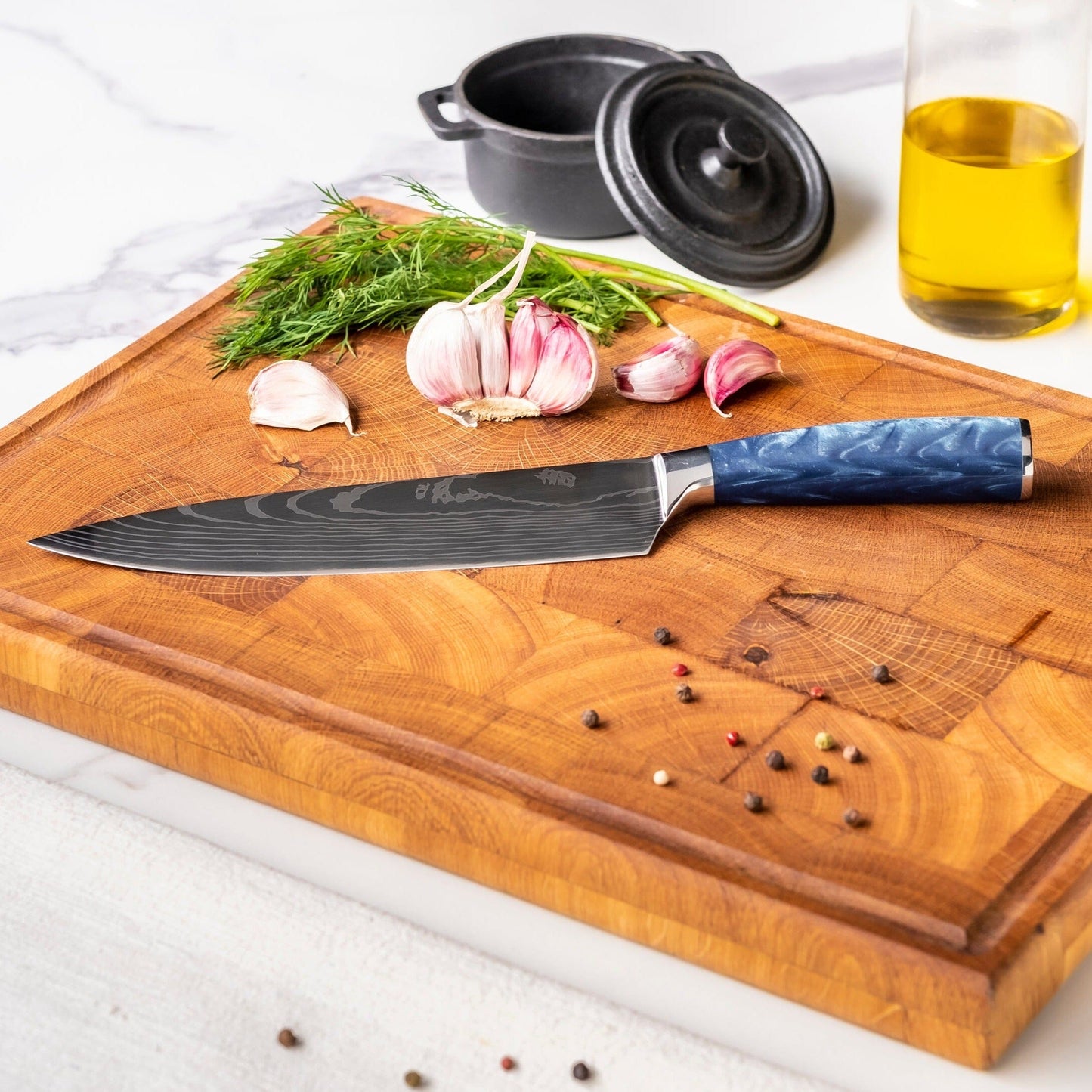 Shinrai Knives - Damascus Print Epoxy Sapphire 2-delige Messenset - Koksmes + Schilmes Messenset Shinrai Knives