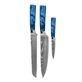 Shinrai Knives - Damascus Print Epoxy Sapphire 3-Piece Knife Set - Chef's Knife + Bread Knife + Paring Knife Shinrai Knives - Damascus Print Epoxy Sapphire 3-delige Messenset - Koksmes + Broodmes + Schilmes Messenset Shinrai Knives