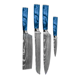 Shinrai Knives - Damascus Print Epoxy Sapphire 4-Piece Knife Set - Chef's Knife + Bread Knife + Nakiri + Paring Knife Shinrai Knives - Damascus Print Epoxy Sapphire 4-delige Messenset - Koksmes + Broodmes + Nakiri + Schilmes Messenset Shinrai Knives