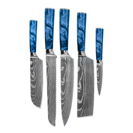 Shinrai Knives - Damascus Print Epoxy Sapphire 5-Piece Knife Set - Chef's Knife + Bread Knife + Nakiri + Small Santoku + Paring Knife Shinrai Knives - Damascus Print Epoxy Sapphire 5-delige Messenset - Koksmes + Broodmes + Nakiri + Kleine Santoku + Schilmes Messenset Shinrai Knives