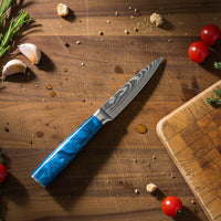 Couteaux Shinrai - Coffret de 5 couteaux en résine époxy saphir à motif damassé - Couteau de chef + Couteau à pain + Nakiri + Petit Santoku + Couteau d'office