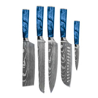 Couteaux Shinrai - Coffret de 5 couteaux en résine époxy saphir à motif damassé - Couteau de chef + Couteau à pain + Nakiri + Santoku + Couteau d'office