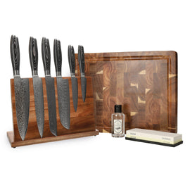 Shinrai Knives - Damast Pakka Wood Mega Bundle - All you need Shinrai Knives - Damast Pakka Wood Mega Bundel - All you need Messenset met blok, snijplank en slijpsteen Shinrai Knives