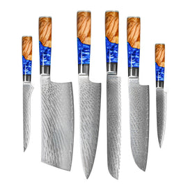 Shinrai Knives - Epoxy Sapphire 6-piece Damascus Knife Set Shinrai Knives - Epoxy Sapphire 6-delige Damascus Messenset Messenset Shinrai Knives