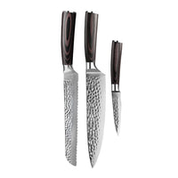 Couteaux Shinrai - Coffret de 3 couteaux en acier inoxydable martelé - Couteau de chef + Couteau à pain + Couteau d'office