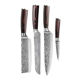 Shinrai Knives - Hammered Stainless Steel 4-Piece Knife Set - Chef's Knife + Bread Knife + Nakiri + Paring Knife Shinrai Knives - Hammered RVS 4-delige Messenset - Koksmes + Broodmes + Nakiri + Schilmes Messenset Shinrai Knives