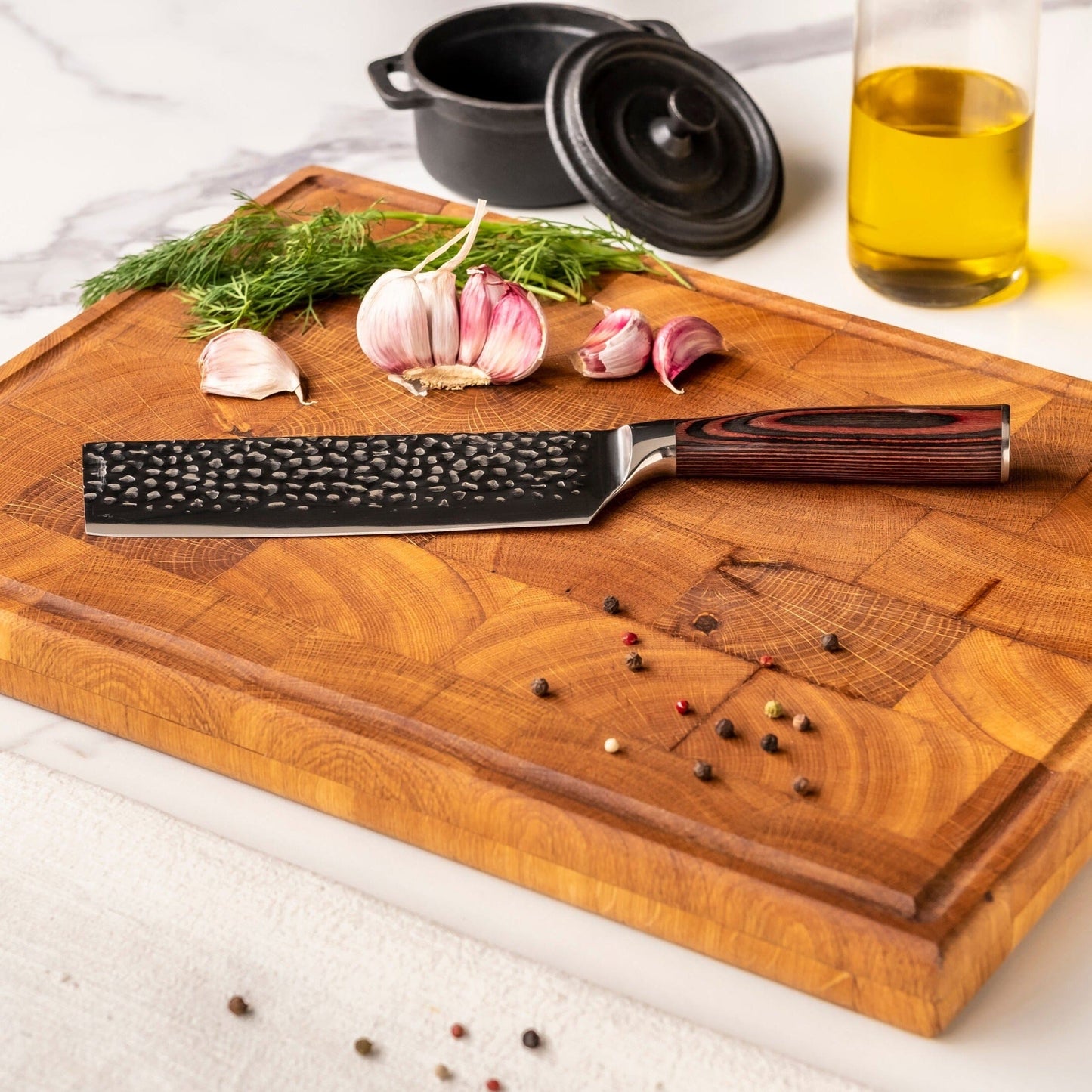 Shinrai Knives - Hammered RVS 5-delige Messenset - Koksmes + Broodmes + Nakiri + Kleine Santoku + Schilmes Messenset Shinrai Knives