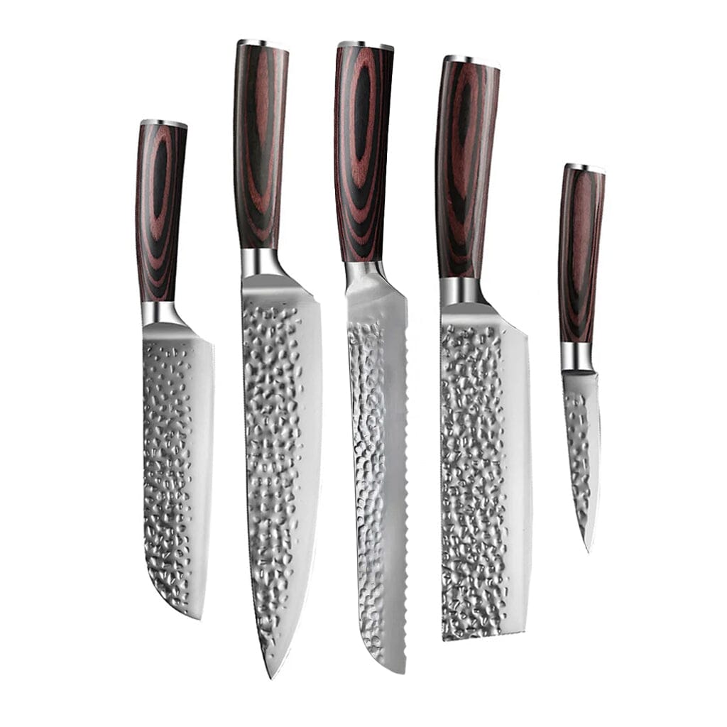 Shinrai Knives - Hammered RVS 5-delige Messenset - Koksmes + Broodmes + Nakiri + Kleine Santoku + Schilmes Messenset Shinrai Knives