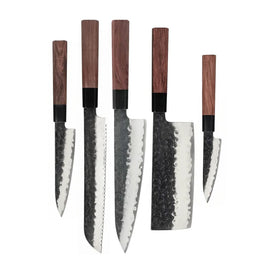Shinrai Knives - Kurayami 5-Piece Damascus Knife Set - Chef's Knife + Bread Knife + Nakiri + Office Knife + Paring Knife Shinrai Knives - Kurayami 5-delige Damascus Messenset - Koksmes + Broodmes + Nakiri + Officemes + Schilmes Messenset Shinrai Knives