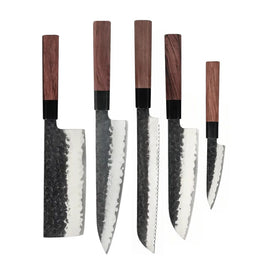 Shinrai Knives - Kurayami 5-piece Damascus Knife Set - Chef's Knife + Bread Knife + Nakiri + Santoku + Paring Knife Shinrai Knives - Kurayami 5-delige Damascus Messenset - Koksmes + Broodmes + Nakiri + Santoku + Schilmes Messenset Shinrai Knives