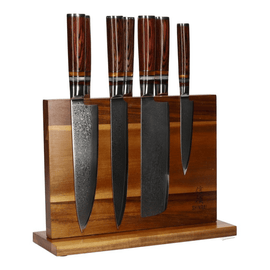 Shinrai Knives - Micarta Jewels 7-Piece Damascus Knife Set + Magnetic Knife Block Double Sided Shinrai Knives - Micarta Jewels 7-delige Damascus Messenset + Magnetisch Messenblok Dubbelzijdig Messenset met blok Shinrai Knives
