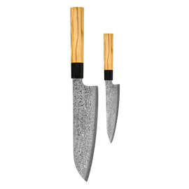 Shinrai Knives - Takumi Kaza 2-piece Damascus Knife Set - Santoku + Paring Knife Shinrai Knives - Takumi Kaza 2-delige Damascus Messenset - Santoku + Schilmes Messenset Shinrai Knives