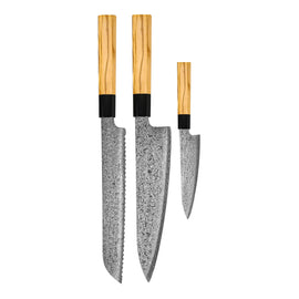 Shinrai Knives - Takumi Kaza 3-Piece Damascus Knife Set - Chef's Knife + Bread Knife + Paring Knife Shinrai Knives - Takumi Kaza 3-delige Damascus Messenset - Koksmes + Broodmes + Schilmes Messenset Shinrai Knives