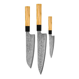 Shinrai Knives - Takumi Kaza 3-Piece Damascus Knife Set - Chef's Knife + Santoku + Paring Knife Shinrai Knives - Takumi Kaza 3-delige Damascus Messenset - Koksmes + Santoku + Schilmes Messenset Shinrai Knives