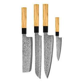 Shinrai Knives - Takumi Kaza 4-Piece Damascus Knife Set - Chef's Knife + Bread Knife + Nakiri + Paring Knife Shinrai Knives - Takumi Kaza 4-delige Damascus Messenset - Koksmes + Broodmes + Nakiri + Schilmes Messenset Shinrai Knives