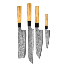 Shinrai Knives - Takumi Kaza 4-piece Damascus Knife Set - Santoku + Bread Knife + Nakiri + Paring Knife Shinrai Knives - Takumi Kaza 4-delige Damascus Messenset - Santoku + Broodmes + Nakiri + Schilmes Messenset Shinrai Knives