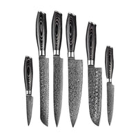 Damast Pakka Wood Series - 6-delige messenset + Acacia houder dubbelzijdig Shinrai Japan