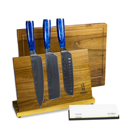 Epoxy Sapphire 3-piece knife set - Combideal XXXL Epoxy Sapphire 3-delige messenset + slijpsteen + magnetische houder + snijplank KookGigant
