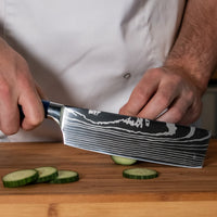 Epoxy Sapphire 6-delige Damascus Print Messenset + Acacia houder dubbelzijdig Shinrai Japan