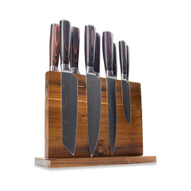 Shinrai Knives - Damascus Print 9-Piece Knife Set + Magnetic Knife Block Double Sided Messenset Damascus print 9-delig + Acacia Houder Dubbelzijdig Messensets Shinrai Japan