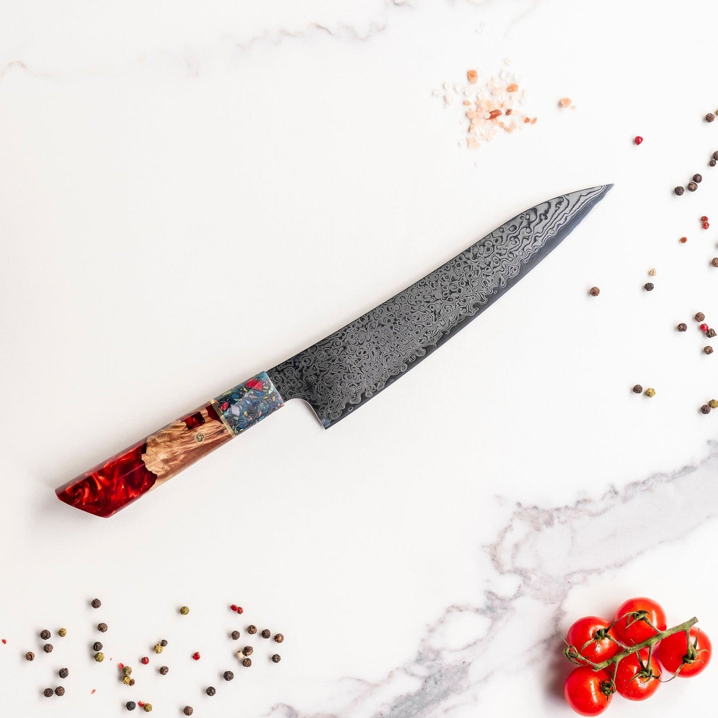 Ruby Epoxy Jewels - Damascus Koksmes 23 cm - Special Edition Shinrai Japan