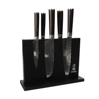Shinrai Knives - Hammered Damask BR 5-Piece Knife Set + Magnetic Knife Block Double-Sided - Black