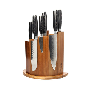 Shinrai Knives - Damask Pakka Wood 6-Piece Knife Set + Scalae Magnetic Knife Block - Acacia Wood