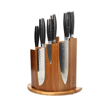 Shinrai Knives - Damask Pakka Wood 6-Piece Knife Set + Scalae Magnetic Knife Block - Acacia Wood