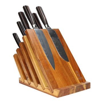 Shinrai Japan - Damascus Print 7-piece Knife Set + Magnetic Knife Block Acervus - Acacia wood