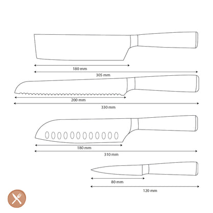 Shinrai Knives - Damascus Print 4-Piece Knife Set - Santoku + Bread Knife + Nakiri + Paring Knife