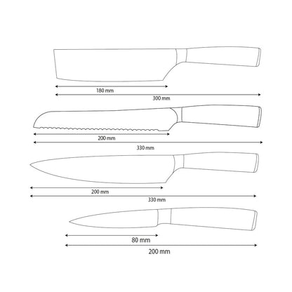 Shinrai Knives - Ensemble de 4 couteaux en acier inoxydable martelé - Couteau de chef + Couteau à pain + Couteau Nakiri + Couteau d'office