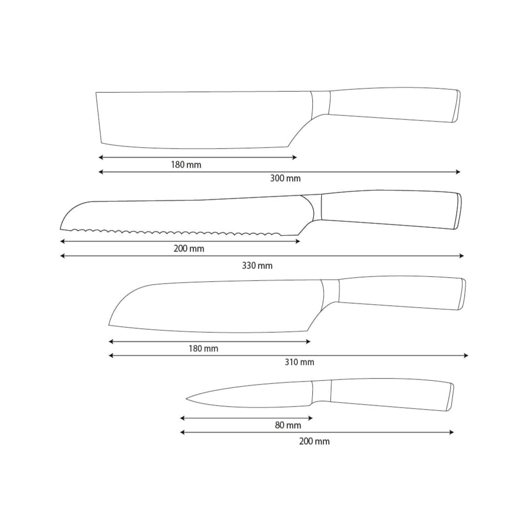 Shinrai Knives - Hammered Stainless Steel 4-piece Knife Set - Santoku + Bread Knife + Nakiri + Paring Knife