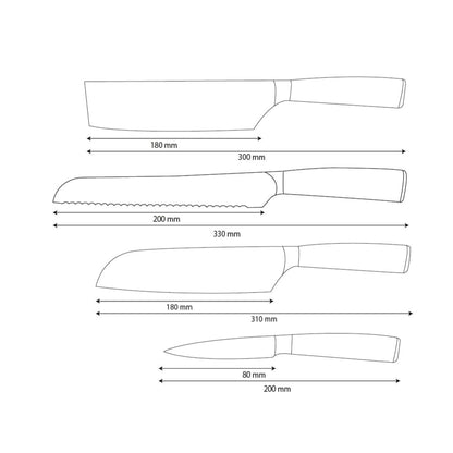 Shinrai Knives - Hammered Stainless Steel 4-piece Knife Set - Santoku + Bread Knife + Nakiri + Paring Knife