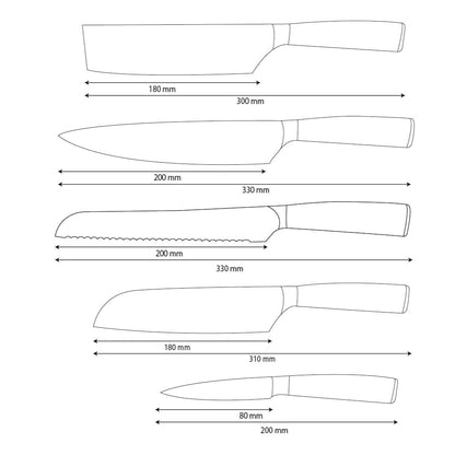 Shinrai Knives - Ensemble de 5 couteaux en acier inoxydable martelé - Couteau de chef + Couteau à pain + Nakiri + Santoku + Couteau d'office
