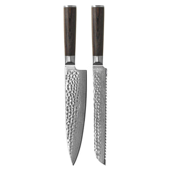 Shinrai Knives - Hammered Damask BR 2-Piece Knife Set - Chef's Knife + Bread Knife